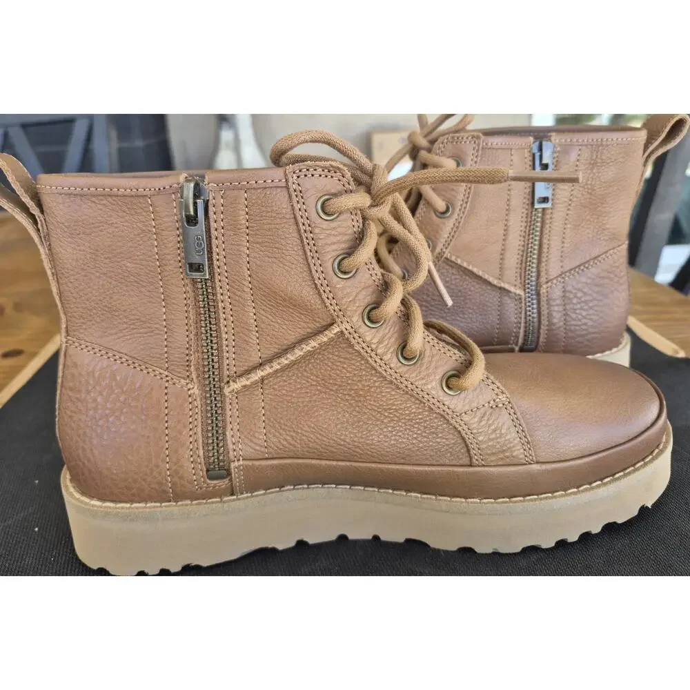 UGG Brown Leather Deconstructed Lace Up Combat Boots Size 7 New No Box